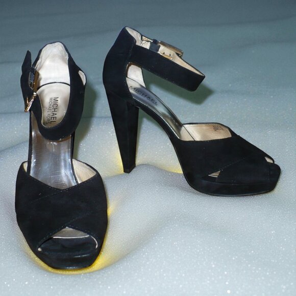 MICHAEL Michael Kors Genuine Suede 4” Platform Sandals Cone Heel Black – SZ 10M - Picture 1 of 4
